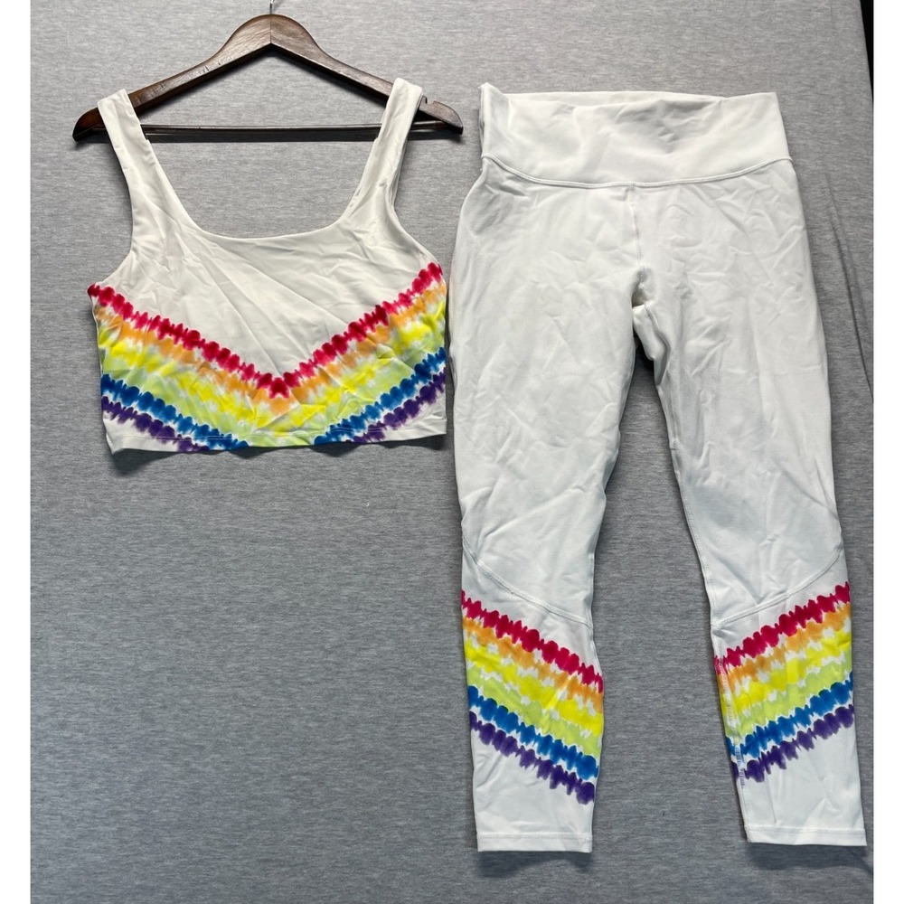 Fabletics Two Piece Set Crop Tank Top & Leggings Womens M White Rainbow Tie-Dye